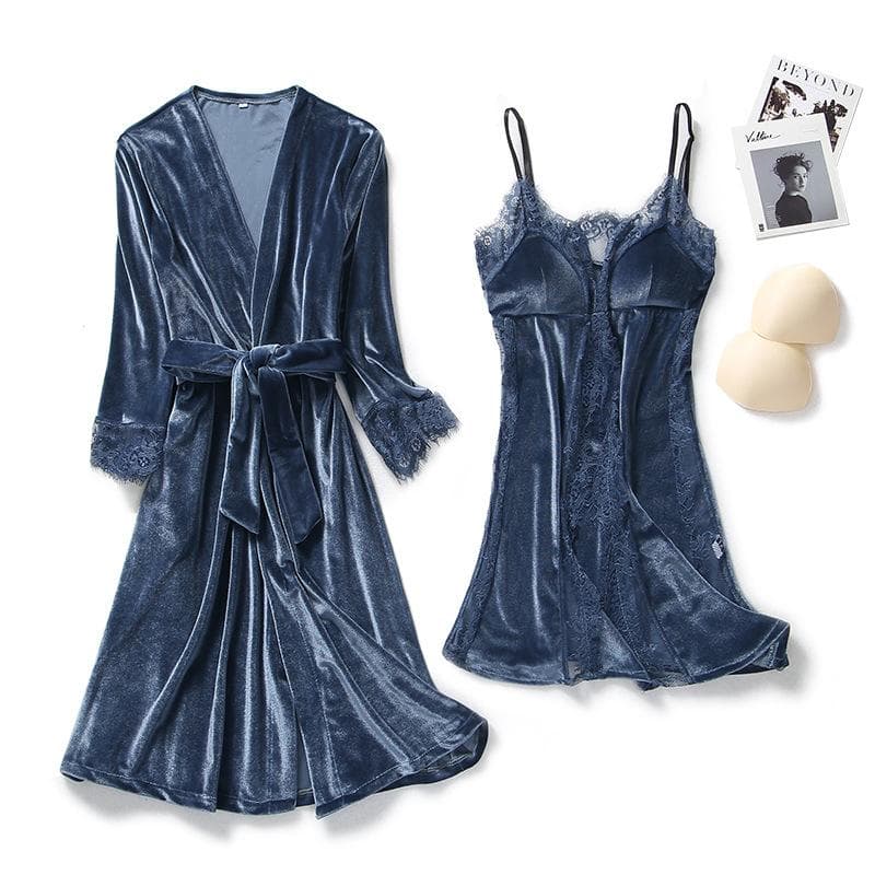 Autumn Winter Velvet Twinset Robe Set Women Sleepwear Sexy Patchwork Lace Nightgown Kimono Bathrobe Gown Loose Velour Home Dress M