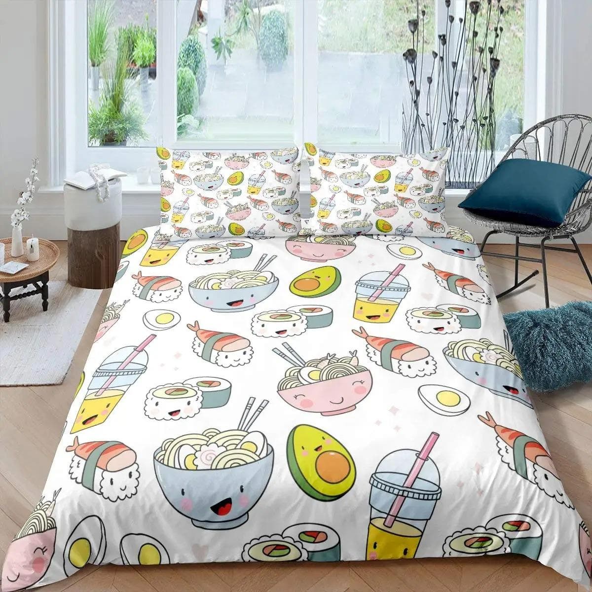 Sushi Pattern Duvet Cover Set King Microfiber Japanese-Style Comforter Cover Food Theme Cute Cartoon Japanese Sushi Quilt Cover 70x133cm 2pcs