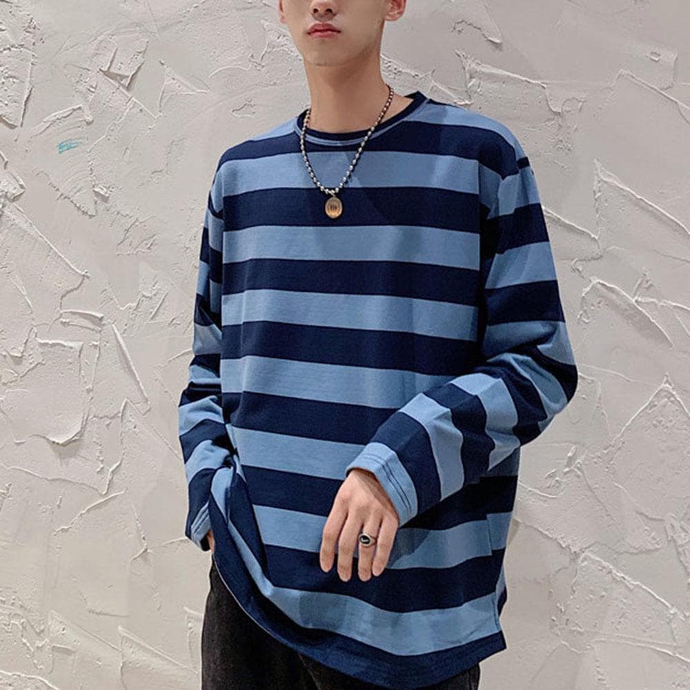 Spring Autumn Striped T Shirts Men Casual Long Sleeve Tshirt Male Loose Pullovers Tops Man Winter T-shirt For Men Clothing L