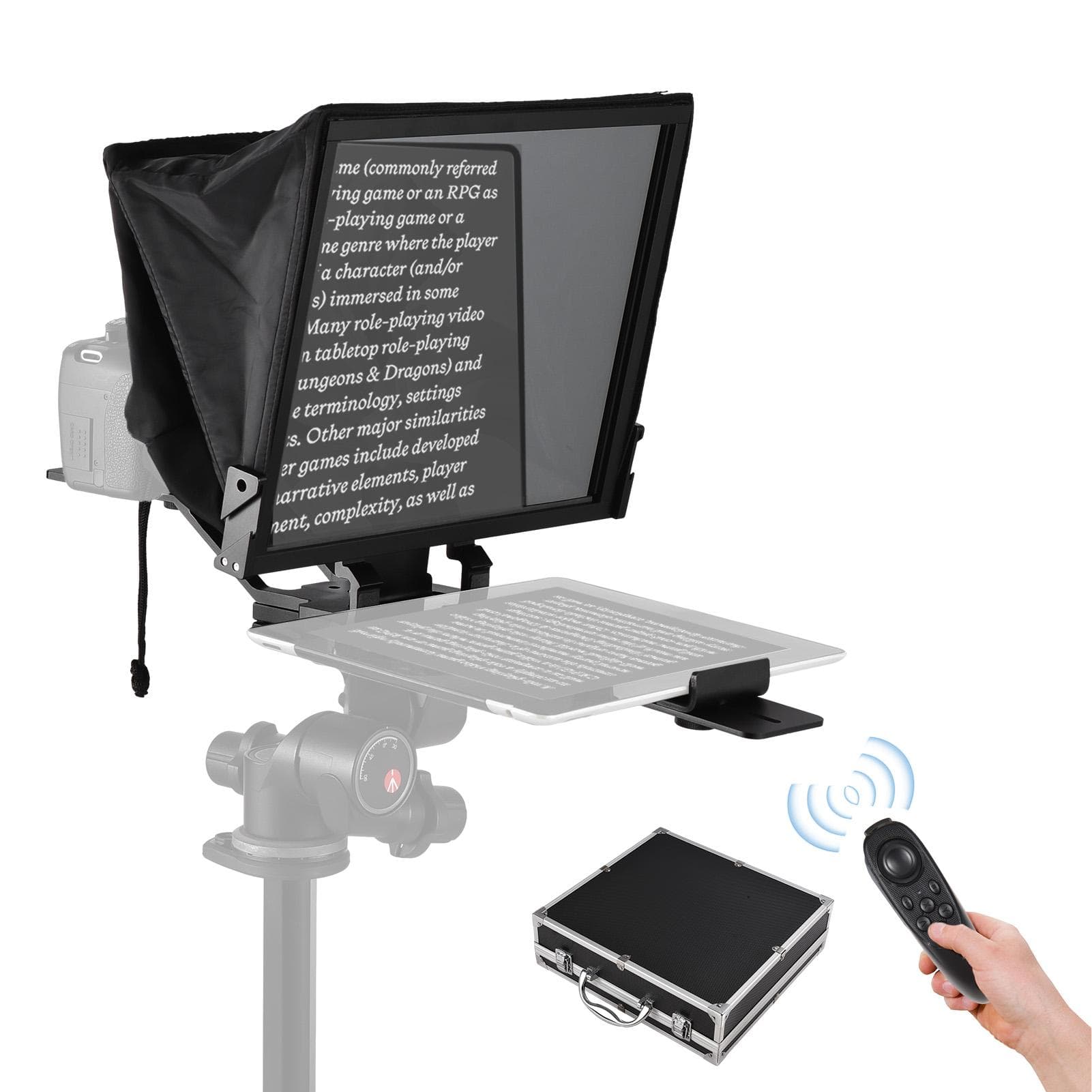 Portable Teleprompter 14-inche Universal Prompter with Dual Cold Shoe Mounts & 1/4in Threaded Hole black
