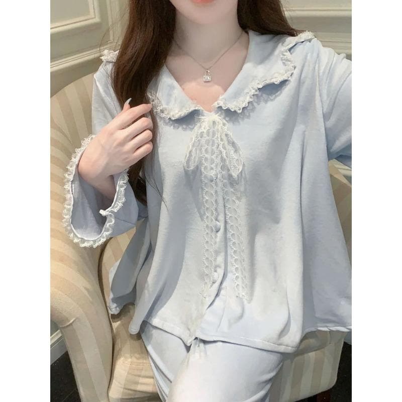 Velvet Pajama Set 2 Piece Pajamas Princess Style Lounge Clothes Ladies Cute Lace Trim Lounge Clothes Tops Pants Lounge Clothes XL blue