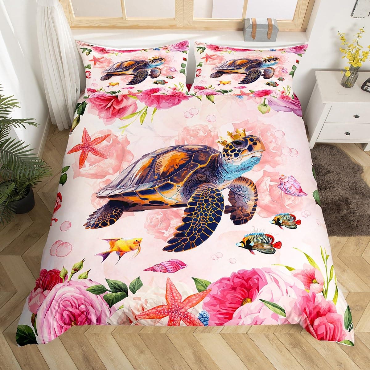 Sea Turtle Duvet Cover Queen Size Boy Beach Turtle Comforter Cover Polyester 3pcs Teal Aqua Blue Abstract Tortoise Bedding Set US Twin(172x218cm)