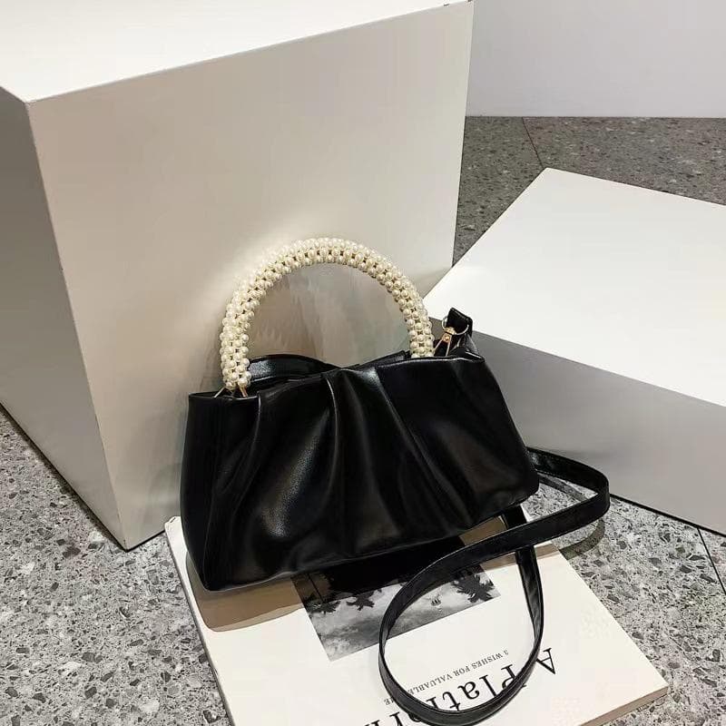 Sweet Girl Pearl Bag Handbag Bag Women Fashion Versatile Fold Crossbody Cloud Bag Mini Mobile Phone Small Bag black