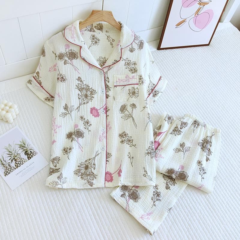 New Spring/Summer Women's Pajama Set 100% Cotton Crepe Short Sleeve+Pants Two Piece Set for Women's Cute Home XL white