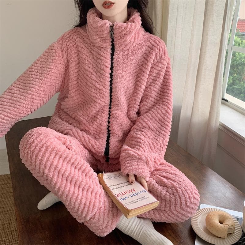 Winter Women's Fleece Pajama Set Long Sleeve Ladies Sleepwear 2 Pcs with Pants Zipper Warm Solid Home Clothes for Female 5XL