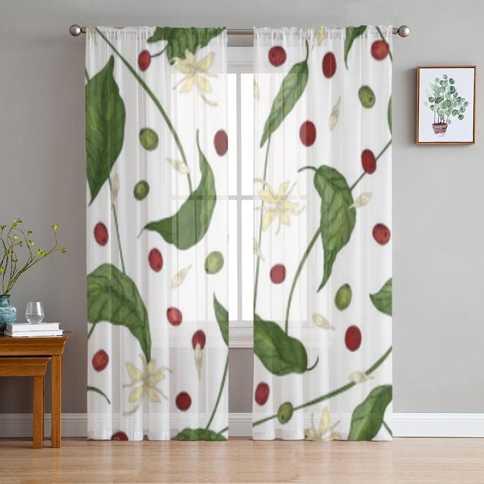 Natural Coffea Or Coffee Tree Leaves Chiffon Sheer Curtains for Living Room Bedroom Window Curtain Voiles Tulle Cortinas 135W x 114H(cm)