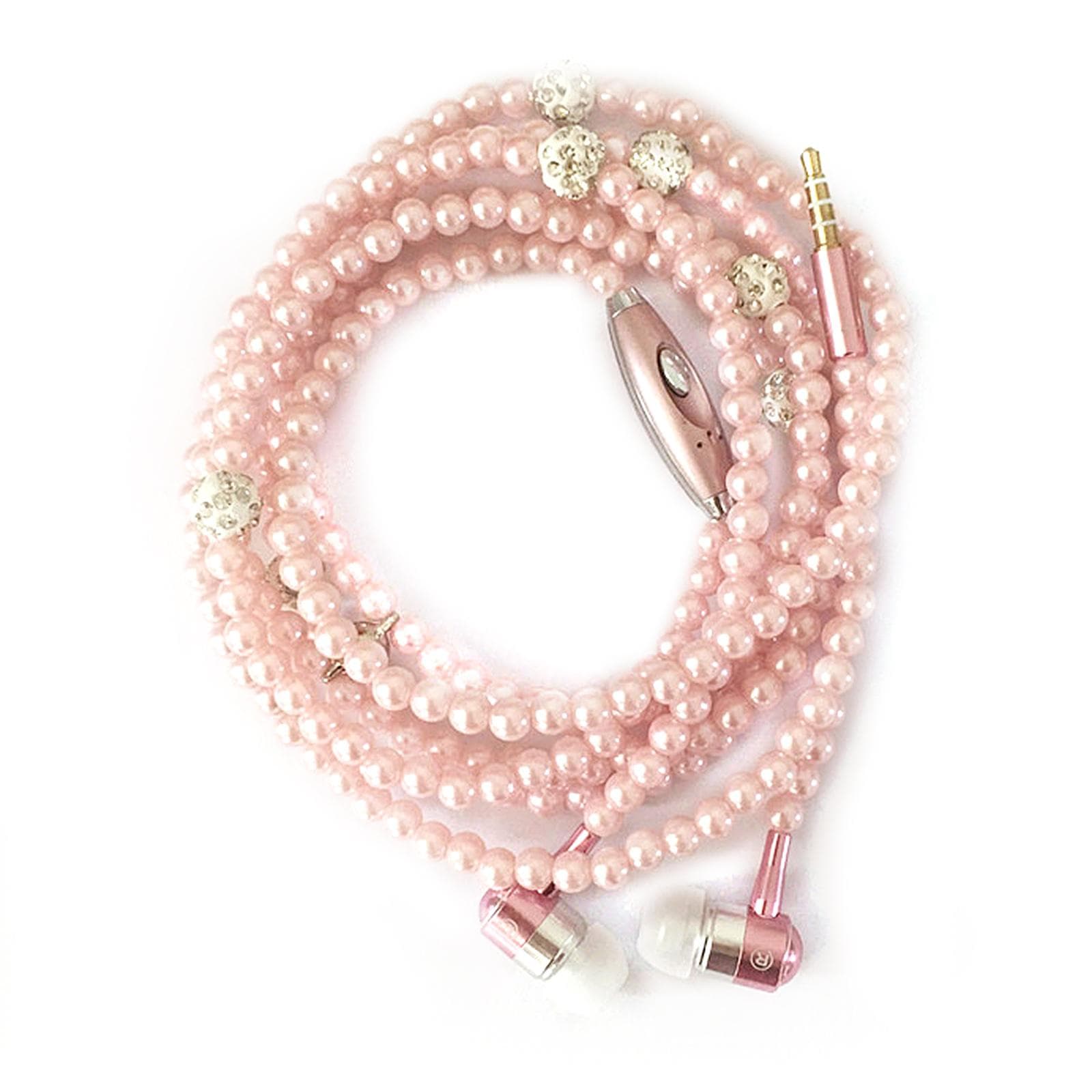 Jewelry Pearl Necklace Stereo Earphones with Microphone 3.5mm In-ear Headphone Wired Headset pink