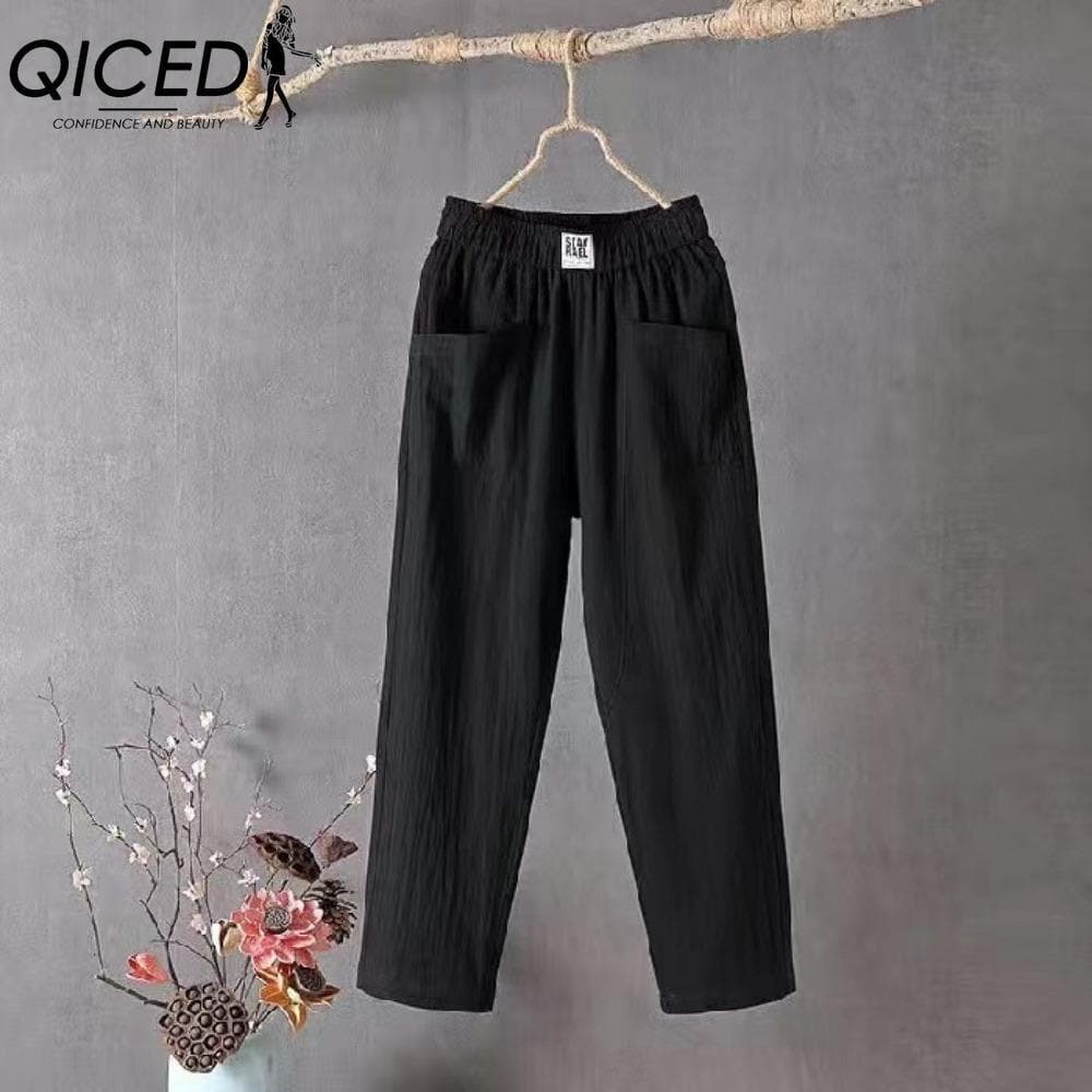 QICED Summer Women Trousers Casual Cotton Linen Pants Loose Straight Trousers Nine Point Harem Pants S black