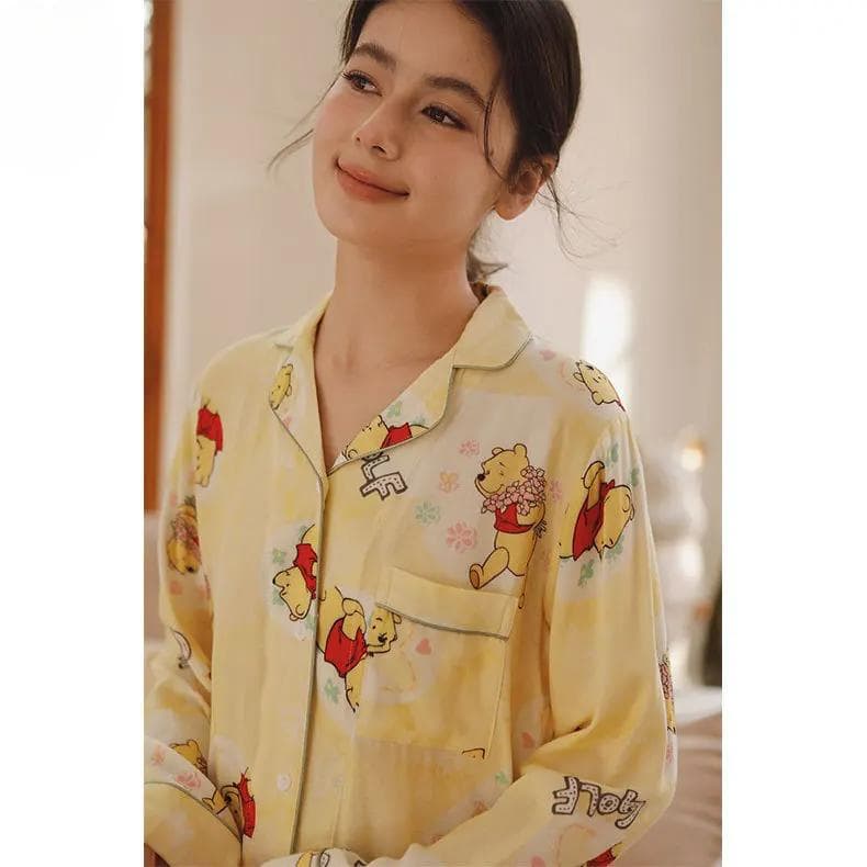New Spring and Autumn Cotton Sweet Pet Cute Animal Print Lapel Pocket Long Sleeve Pajamas Suit Home Clothes L