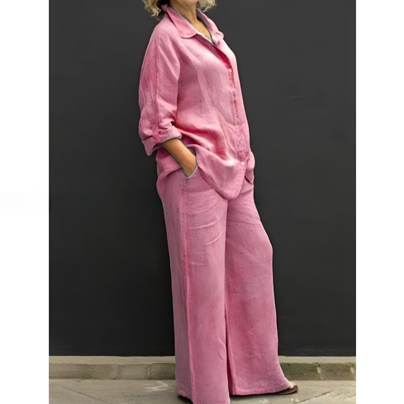 Women Linen Casual Shirt 2 Pieces Set Fashion Lapel Long Sleeve Button Blouse And Trousers Outfits Loose Wide Leg Pants Suits XXXL peach