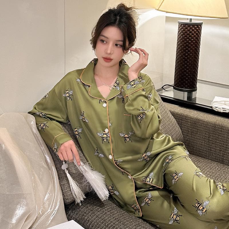High-End Green Floral Lapel Pajamas Set for Women L (100-115 jin)