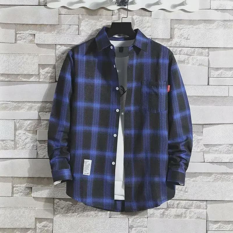 Plaid Men's Long-Sleeve Shirt - Trendy Korean Hong Kong Style M