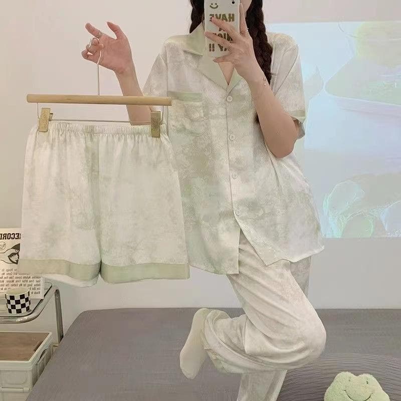 New Summer Short-sleeved Shorts Set Ladies Pajamas Set Luxury Brand Pajamas Japanese Simple Short Green Pajamas Women Sleepwear M