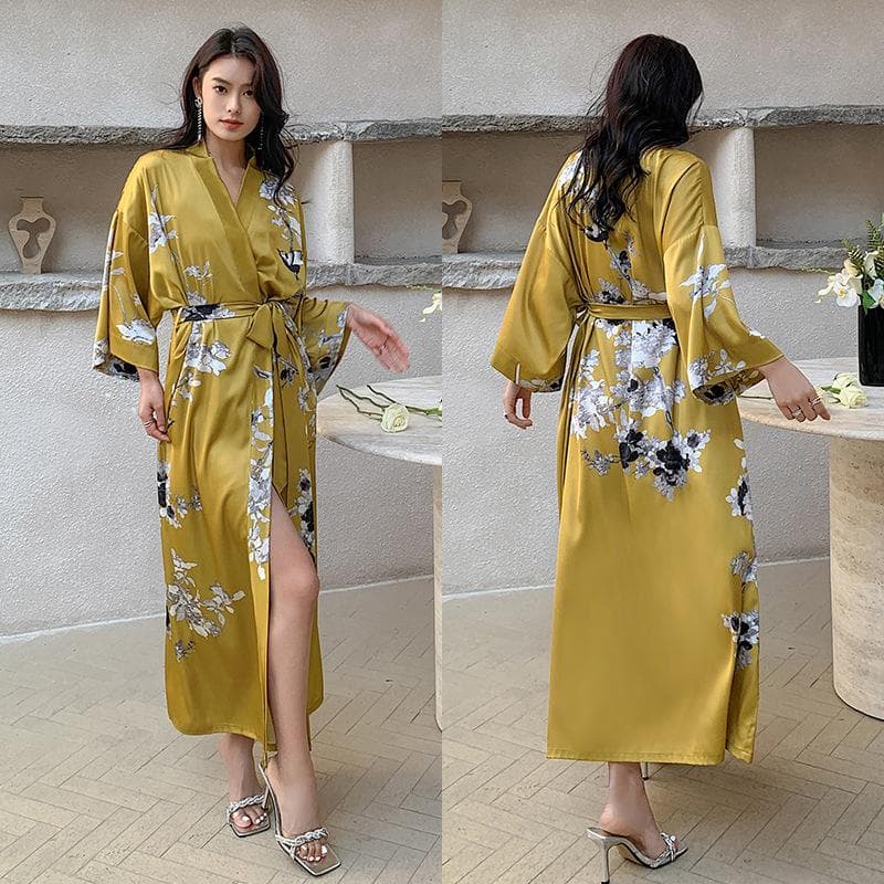 Plus Size Female Long Robe Sleppwear Print Flower Kimono Bathrobe Gown Loungewear Spring Summer Loose Casual Satin Home Dress One size