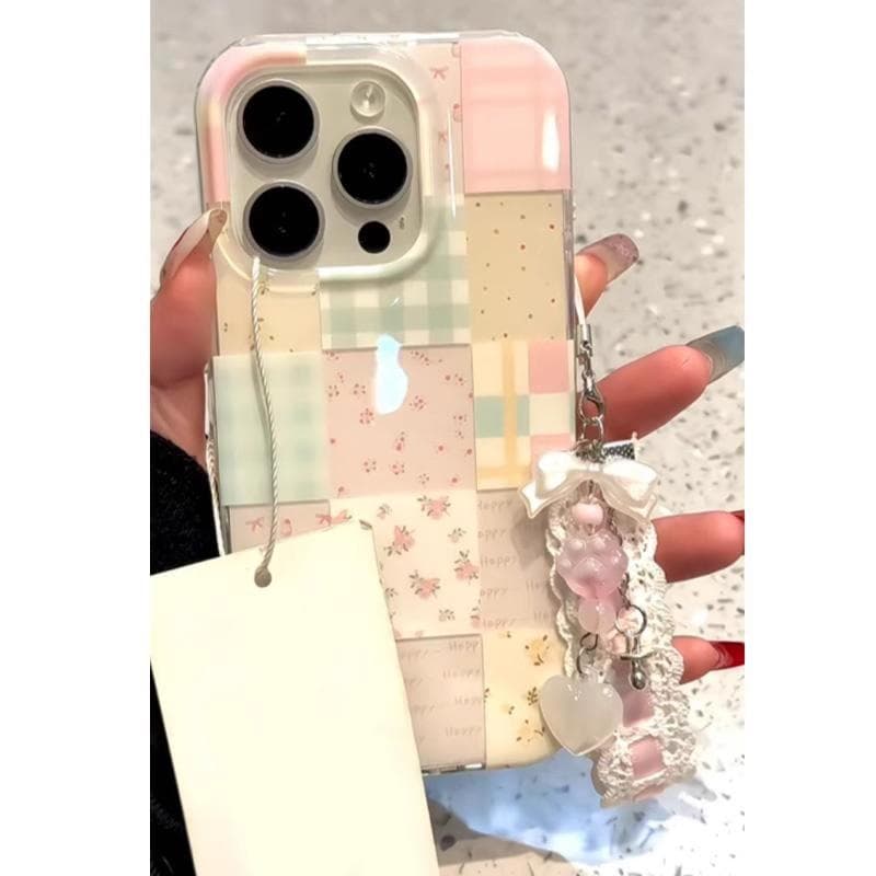 Korean Floral Splicing Plaid Bracket 16Promax Mobile Phone Case Suitable for IPhone15Pro Double Layer 14Pro13 iPhone XSMAX