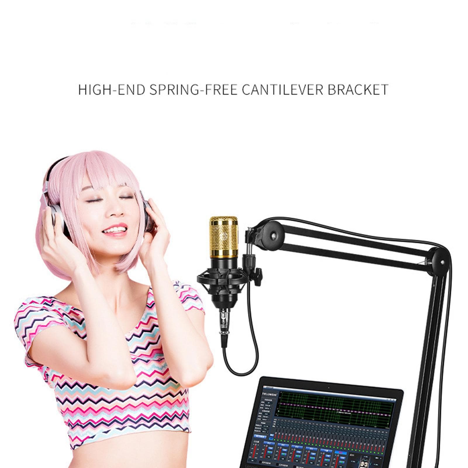Microphone Boom Arm Mic Arm Stand Springless Cantilever Bracket Condenser Microphone Live Recording Long 52CM black