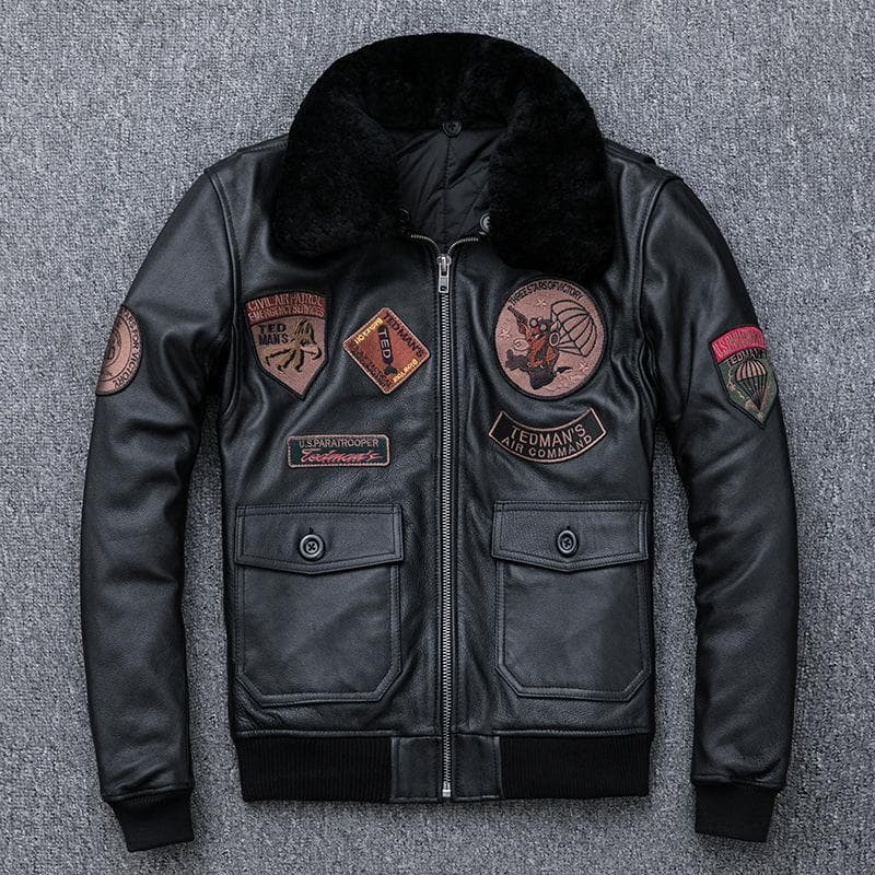 Men's First-layer Cowhide Leather Jacket, Sheep Wool Fur Collar, Thickened Cotton Coat XL black
