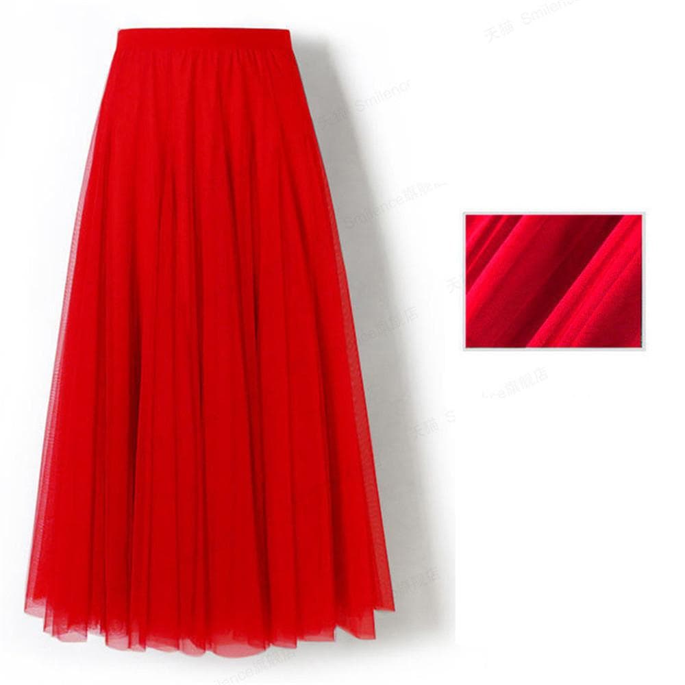 New Women Mesh Elastic Tutu Skirt Beach Spring Summer Korean High Waist Fashion Pleated Long Skirt Black White Tulle Skirts 90cm red