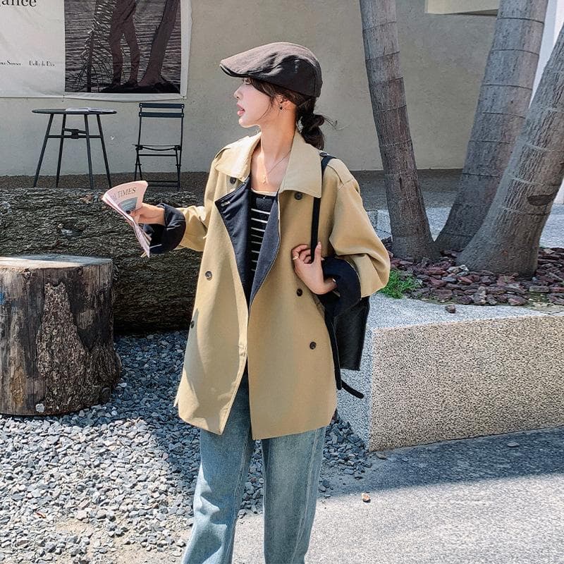 Khaki Petite Windbreaker Jacket for Women Autumn New Korean Style Loose Casual Design Top XL
