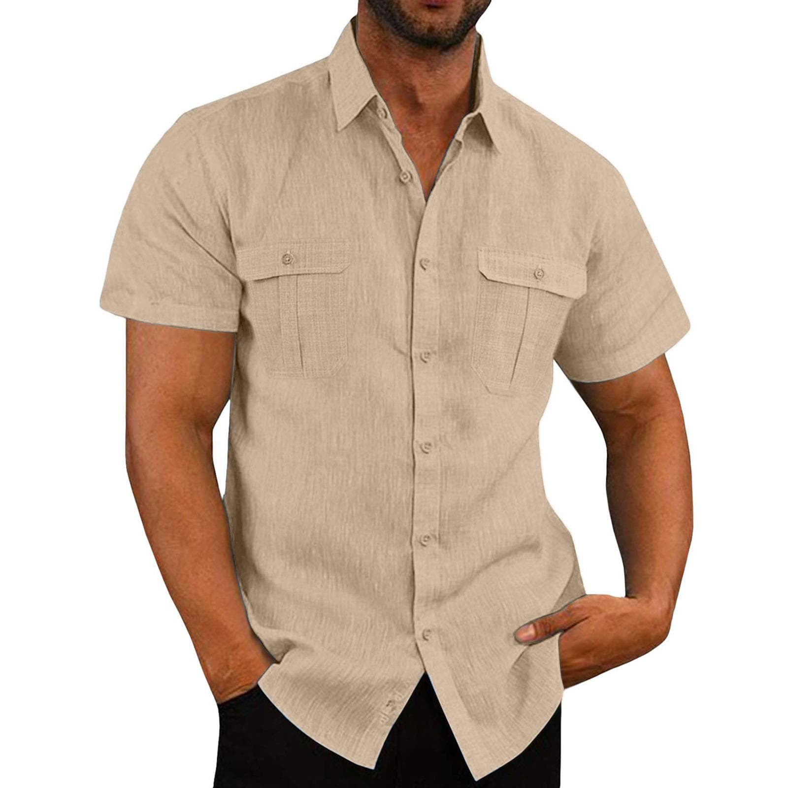 European and American Men's Shirt, Double Pocket Cotton Linen Short Sleeved Shirt, Casual Vacation Shirt XL tan