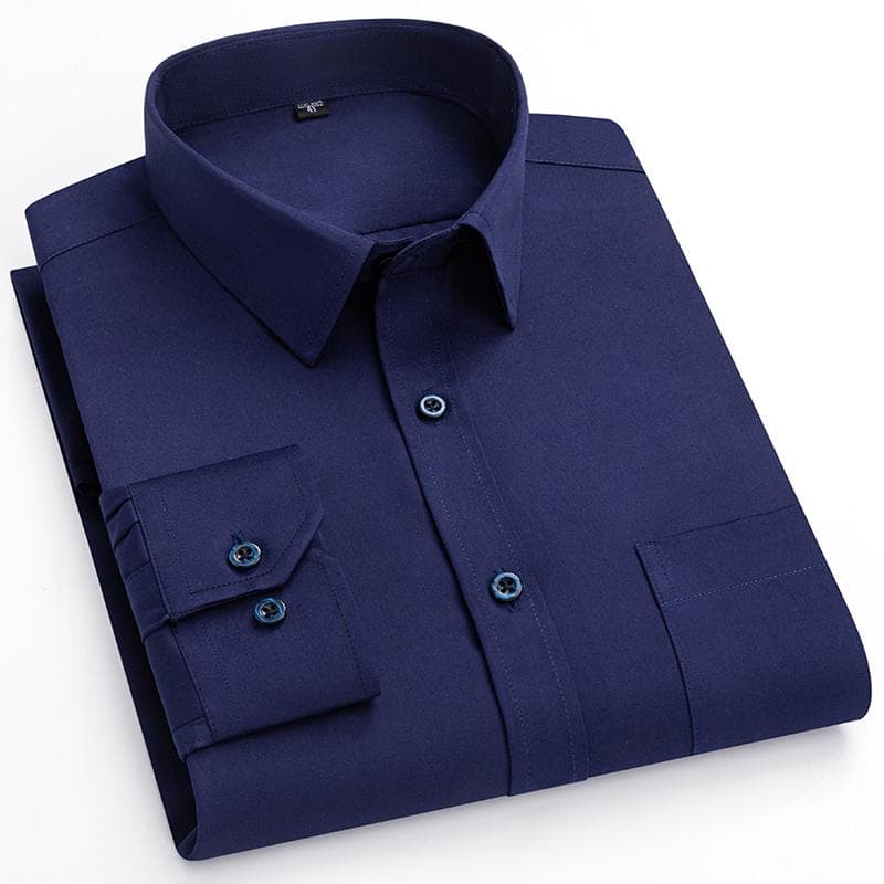 Men plain shirts Non-Iron Antiwrinkle Long Sleeve Regular Male Dress Shirt with Chest Pocket Turn Down Collar 43