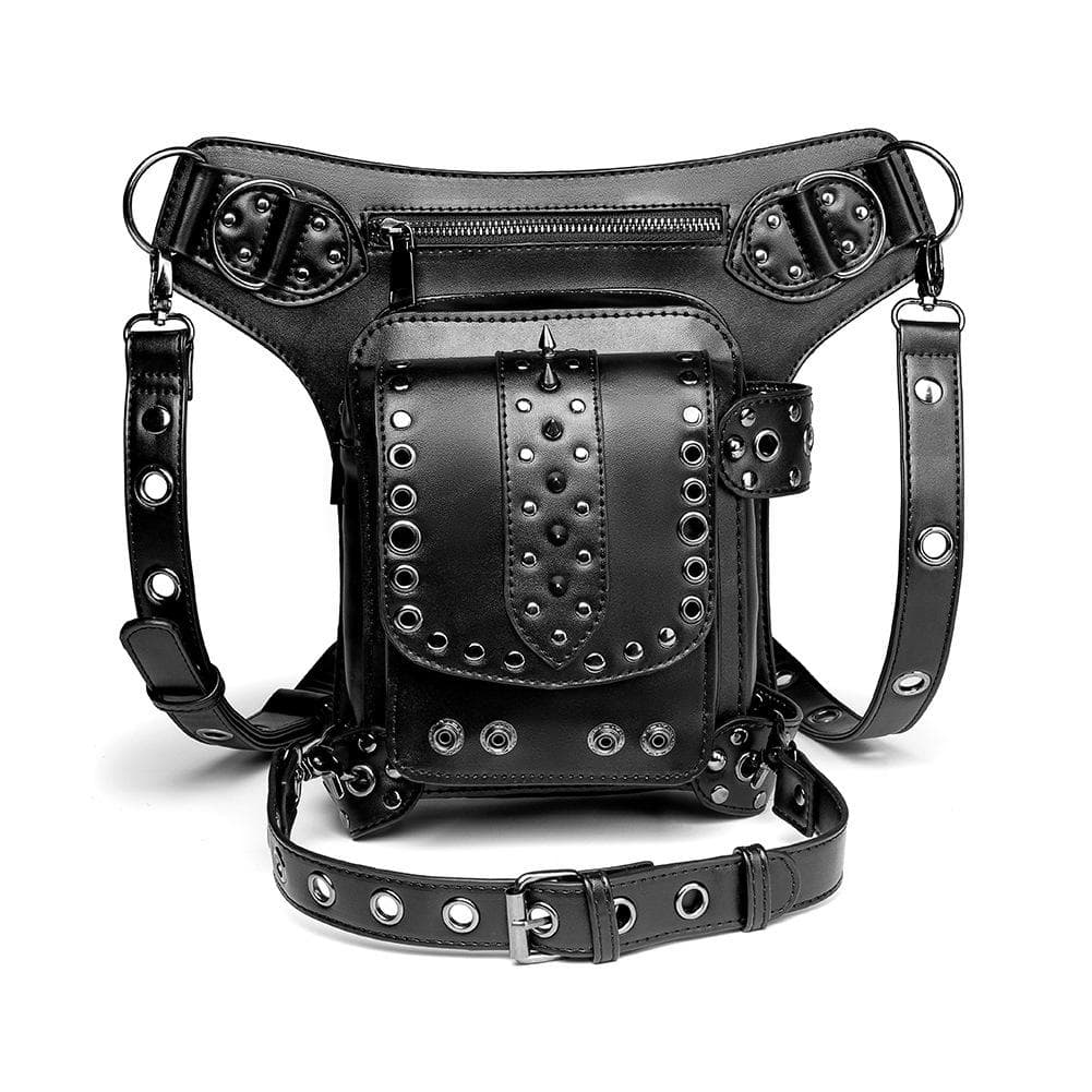 European and American Punk Women's Single-shoulder Crossbody Bag, Outdoor Mobile Phone Trend Riveted Waist Bag black