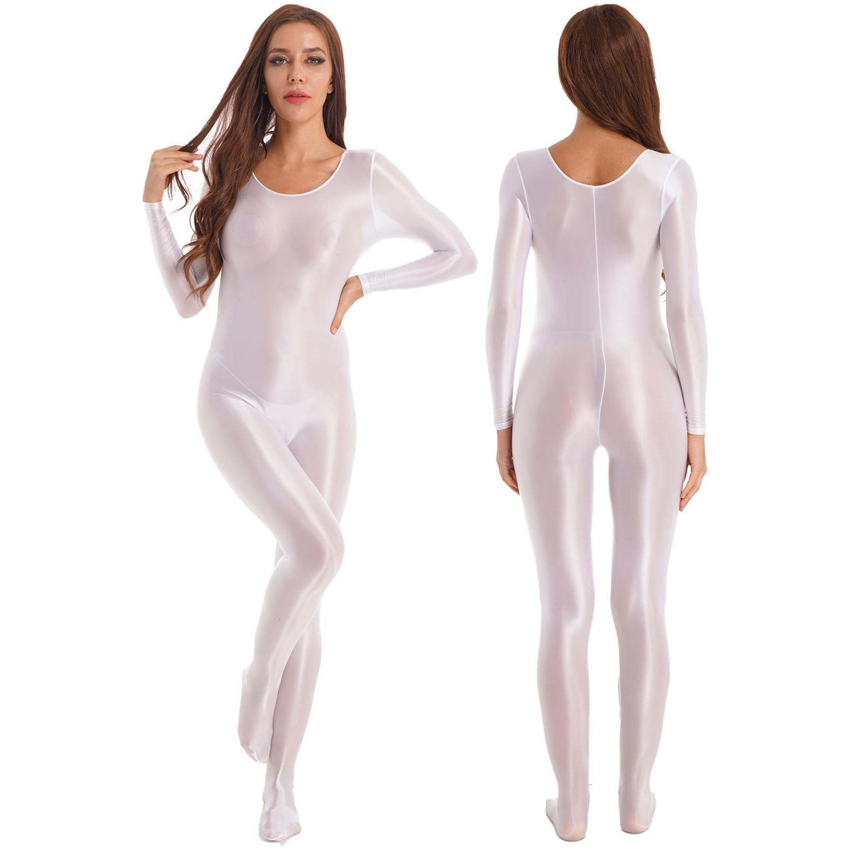 Womens Glossy Smooth Full Body Leotard Bodysuit Jumpsuit Long Sleeve Bodystocking for Sports Fitness Rave Party Clubwear M white