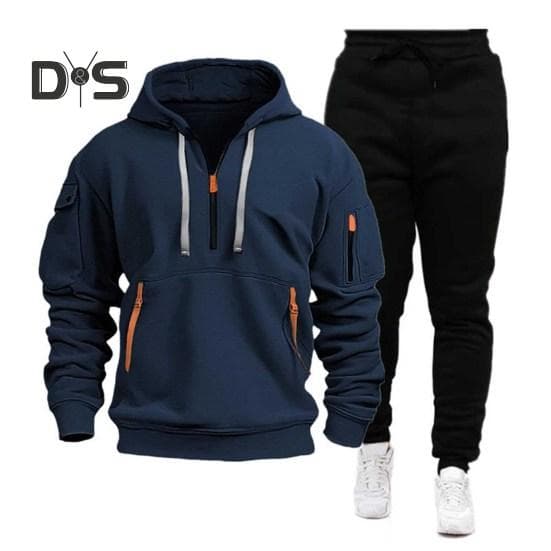 2Pcs/Set Men Sports Suit Hooded Drawstring Long Sleeve Pockets Sweatshirt Elastic Waist Trousers Set Fitness Tracksuit S navy blue