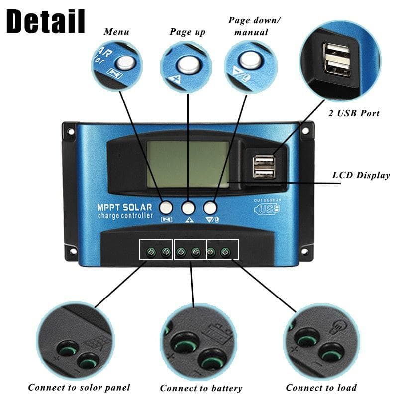 New Upgraded MPPT Solar Charge Controller 12v/24v Solar Panel Regulator Auto Focus Tracking 20A blue