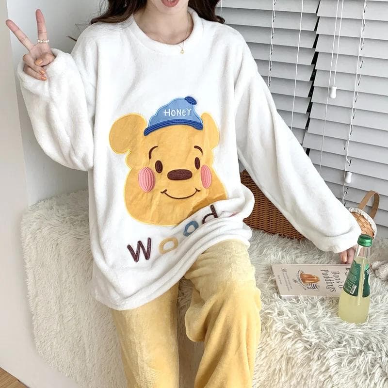 New Winter Cartoon Flannel Pajamas for Women Thickened Round Neck Pullover Coral Velvet Home Wear Set 2XL