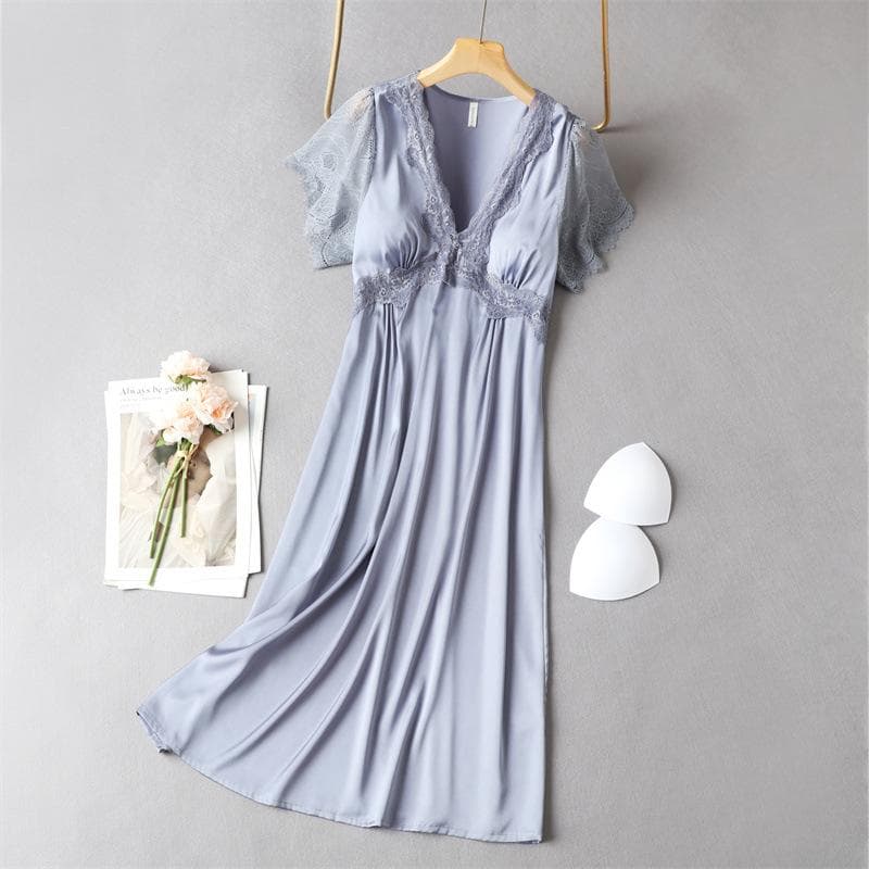 Sexy Nightdress for Women Summer Spring Home Dress V-Neck Nightgown Lace Sleeve Sleepwear Long Intimate Lingerie Nightwear L