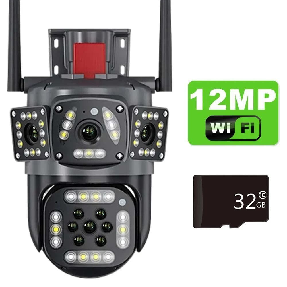 2024 New 12MP 6K PTZ IP Camera Multi-Lens Three Screen Auto Tracking Ai Human Detection Wireless Security CCTV Surveillance Cameras 12MP Add 32G SD