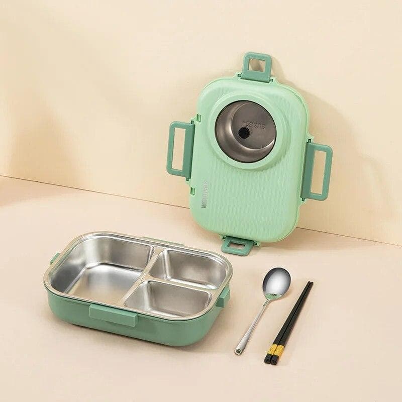 Stainless Steel Lunch Box Leakproof Students 3 Grids Food Container Tableware With Soup Bowl Portable Lunch Boxes green