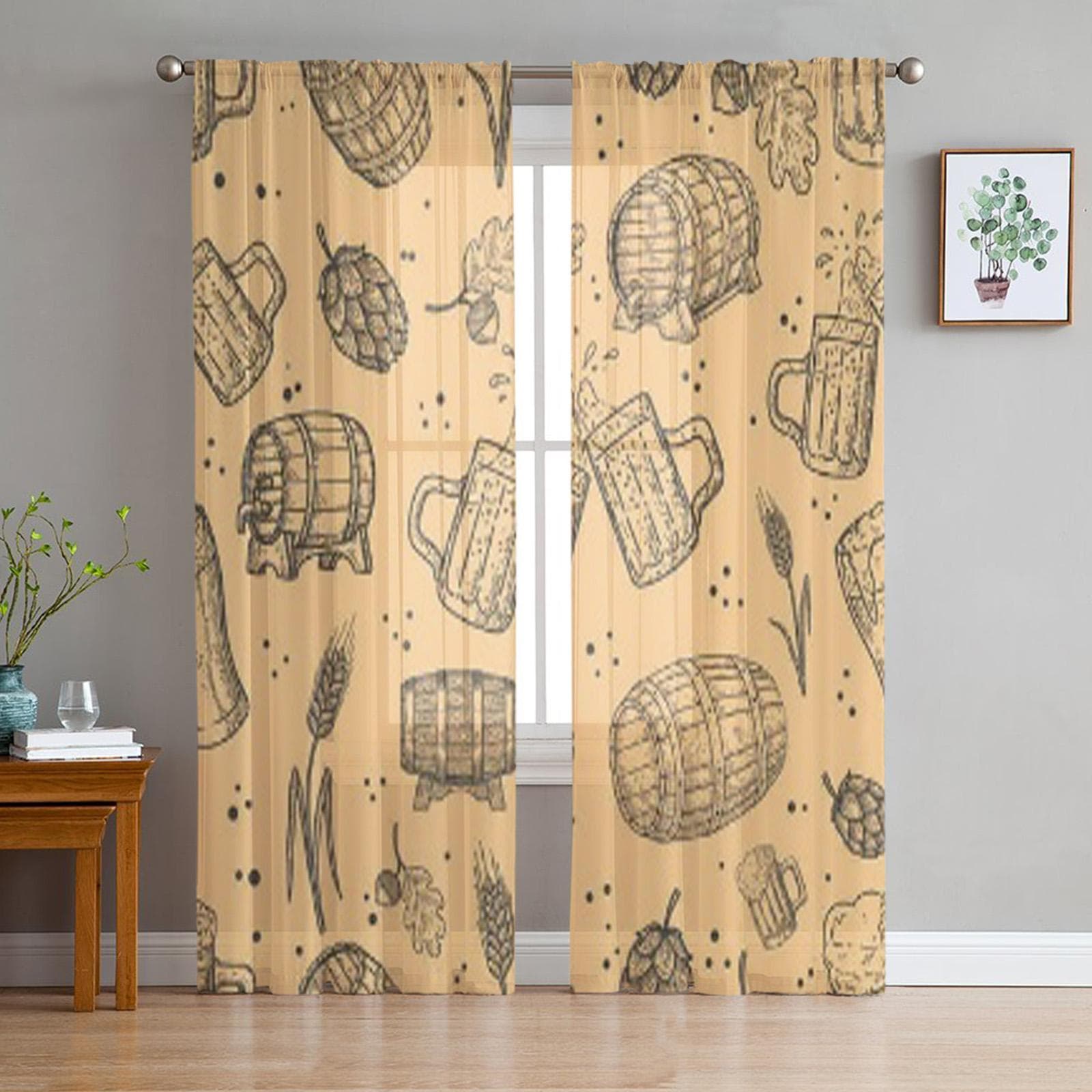 Beer Design Tulle Sheer Window Curtains For Living Room The Bedroom Modern Chiffon Voile Organza Curtains Decor Drapes 135W x 114H(cm)
