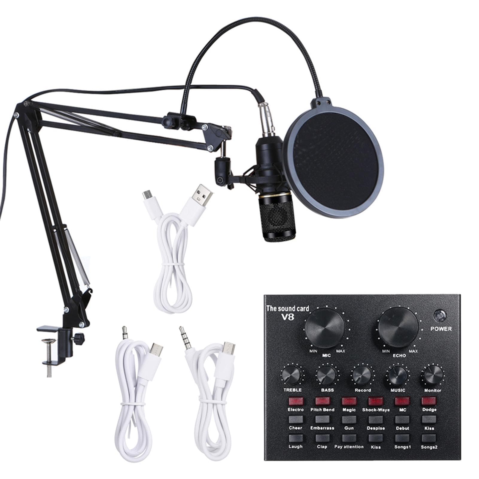 Multifunctional Live Sound Card & BM800 Suspension Microphone Kit Broadcasting Recording Condenser black