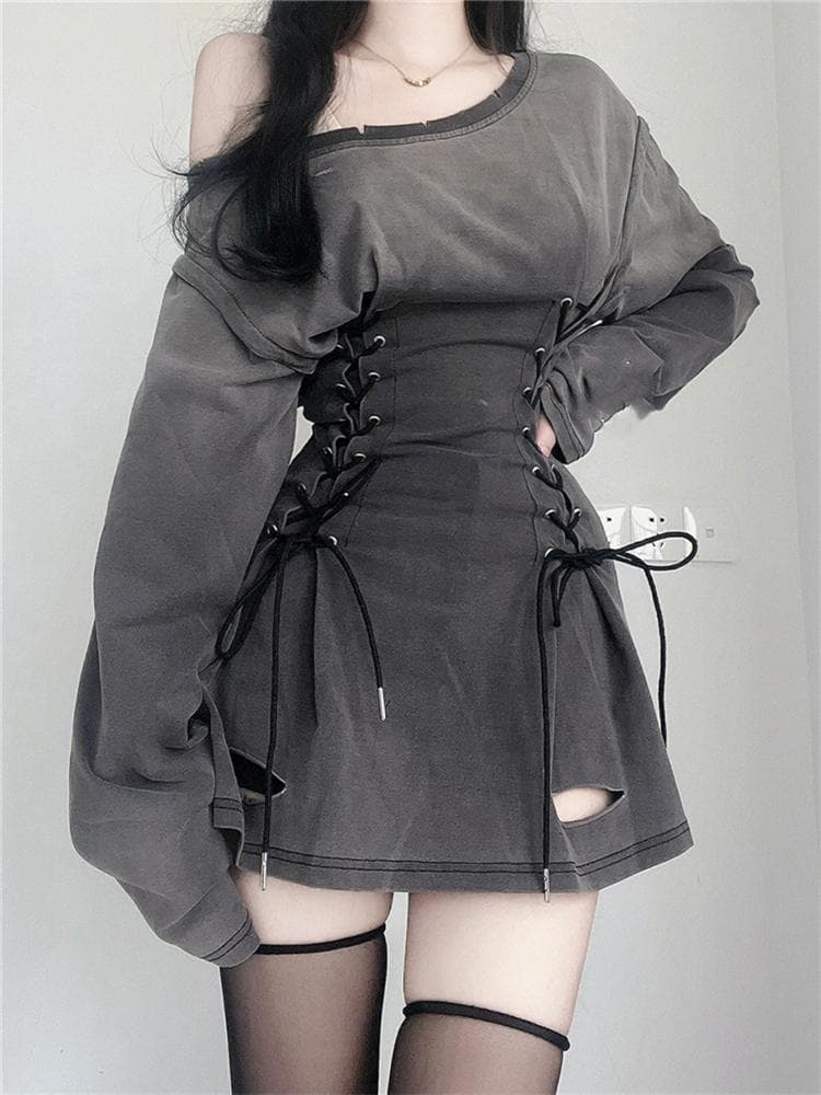 New Fairycore Grunge Goth Corset Dress Women Aesthetic Harajuku Streetwear Bandage Slim Bodycon Dress Y2k 90s Indie Clothes M dark grey