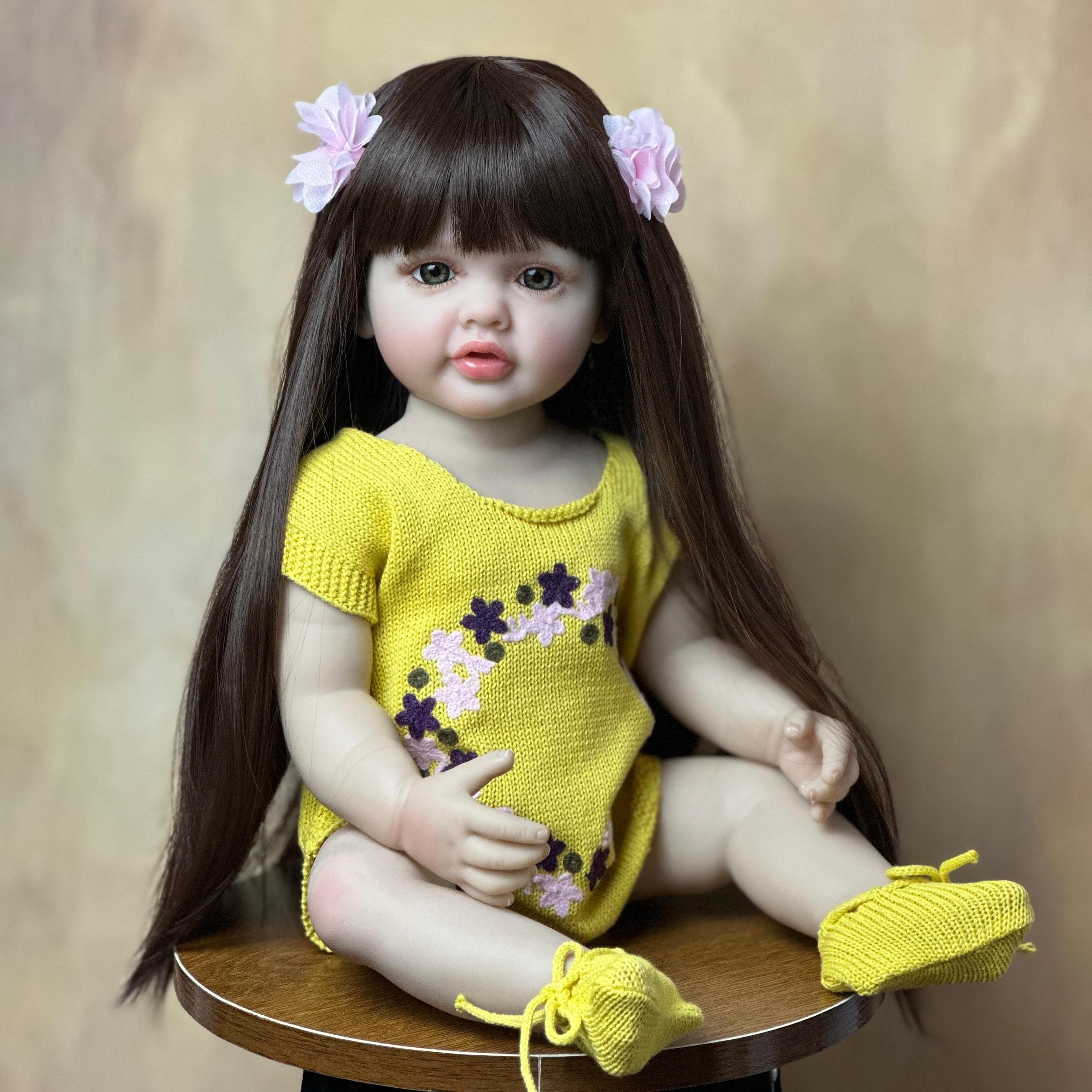55cm Reborn Baby Girl Lifelike Realistic Doll Full Silicone Long Brown Hair Princess Toddler Bebe Christmas Gift