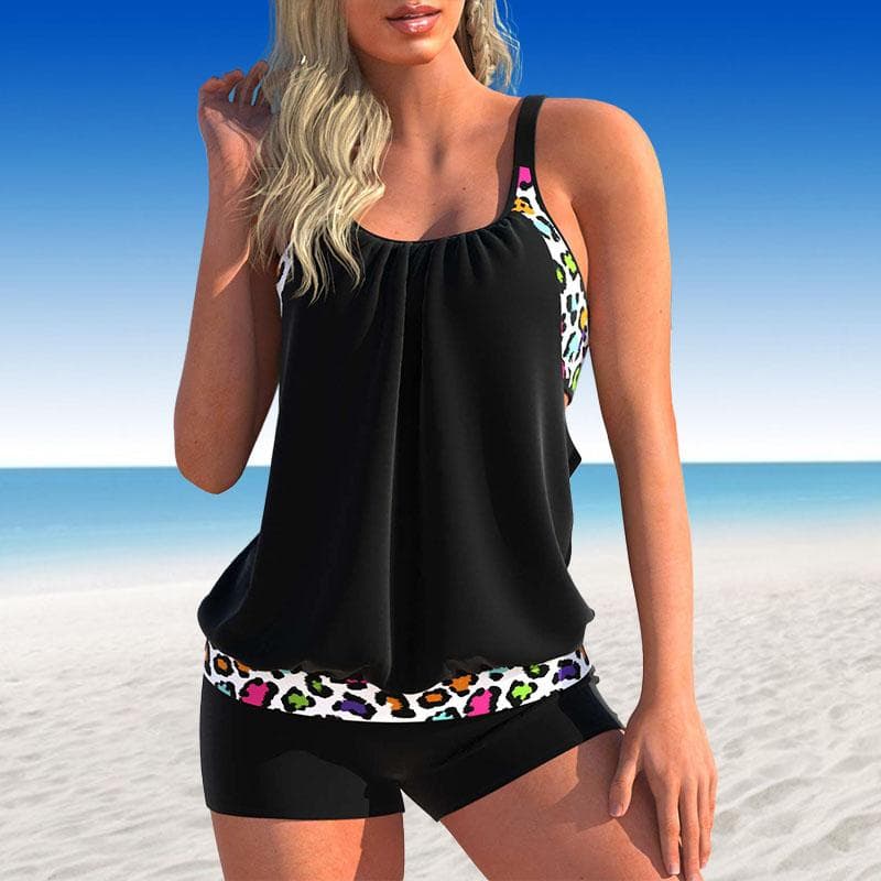 Women's Swimwear Tankini 2 Piece Swimsuit Dark Blue Granular Stripes Print Vacation Bathing Suits L black