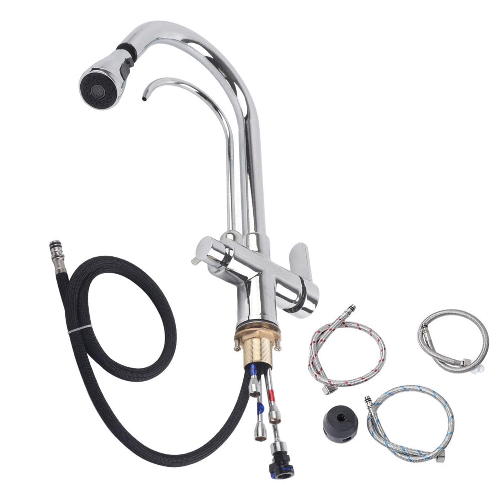 G1/2 Modern 3 in 1 Filter Purifier Kitchen Faucet Double Handle PullOut Sink Hot Cold Water