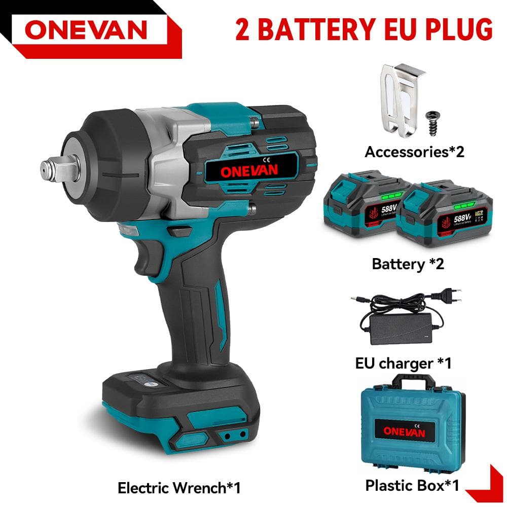 ONEVAN 2800N.M 2800W Brushless Electric Impact Wrench 1/2 Inch Cordless Impact Wrench Screwdriver Tool For Makita 18V Battery 2 Battery Set B
