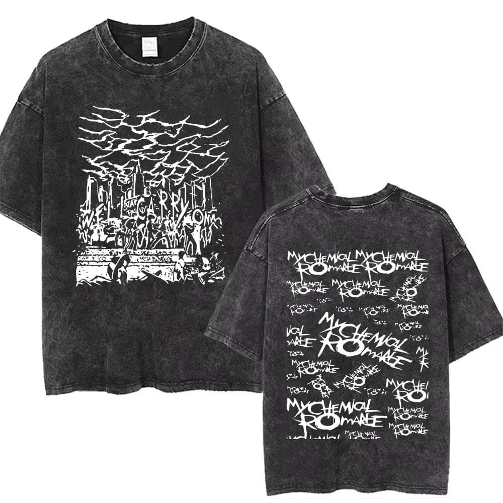 Men Women Punk Emo Rock Oversized Short Sleeve Tops Rock Band My Chemical Romance Washed Vintage Printed T Shirt M