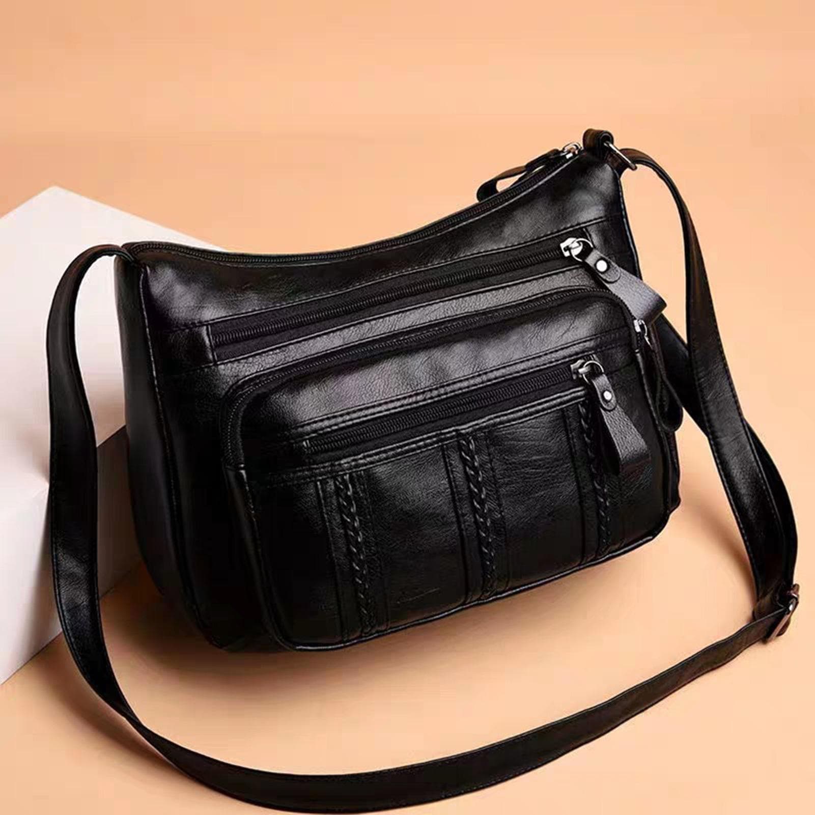 Women Shoulder Bag PU Leather Multi Zipper Pocket Adjustable Strap Purses Lady Casual Crossbody Bag One Size black