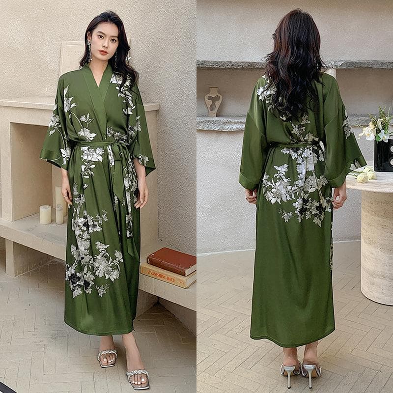 Plus Size Female Long Robe Sleppwear Print Flower Kimono Bathrobe Gown Loungewear Spring Summer Loose Casual Satin Home Dress One size