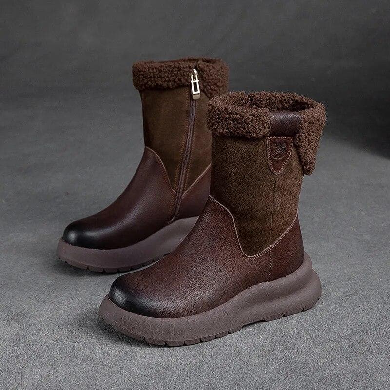 Snow Boots Genuine Leather Plush Warm Solid Color Thick Sole Women's Mid-calf Short Boots 39 brown