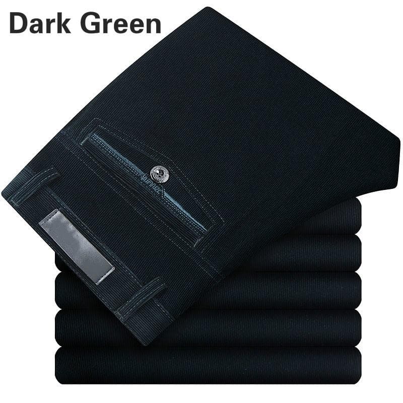 Men Corduroy Cord Trousers Stretch Straight Pants Casual Loose High Waist Retro Pants 38 dark green