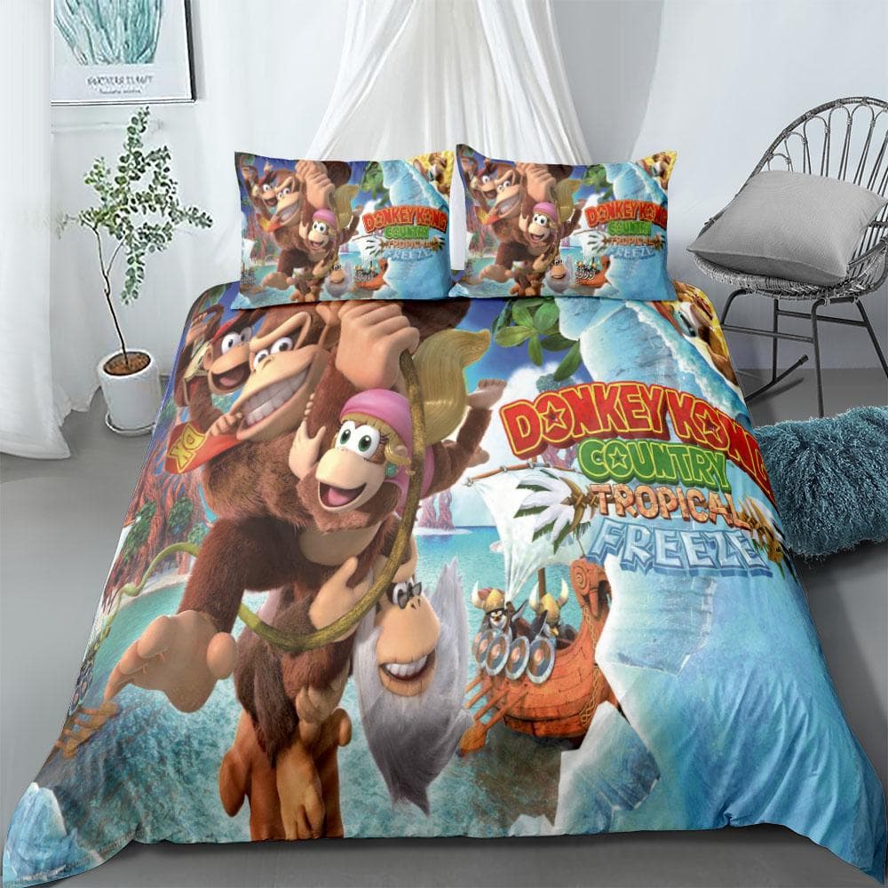 Monkey Cartoon Donkey Kong Duvet Cover Set King Queen Double Full Twin Single Size Bed Linen Set AU Single(140x210cm)