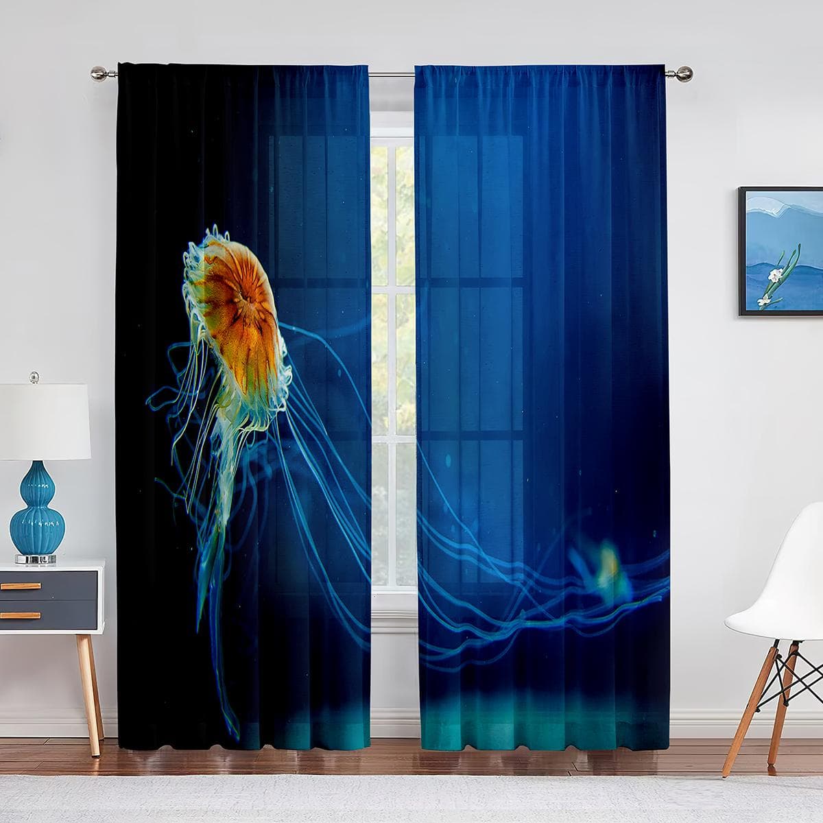 Jellyfish In The Deep Ocean Window Tulle Curtains Foamy Dreamy Blue Ocean Sheer Voile Curtain for Living Room Bedroom Decoration 1 PCS W100XH250cm&Grommet Top