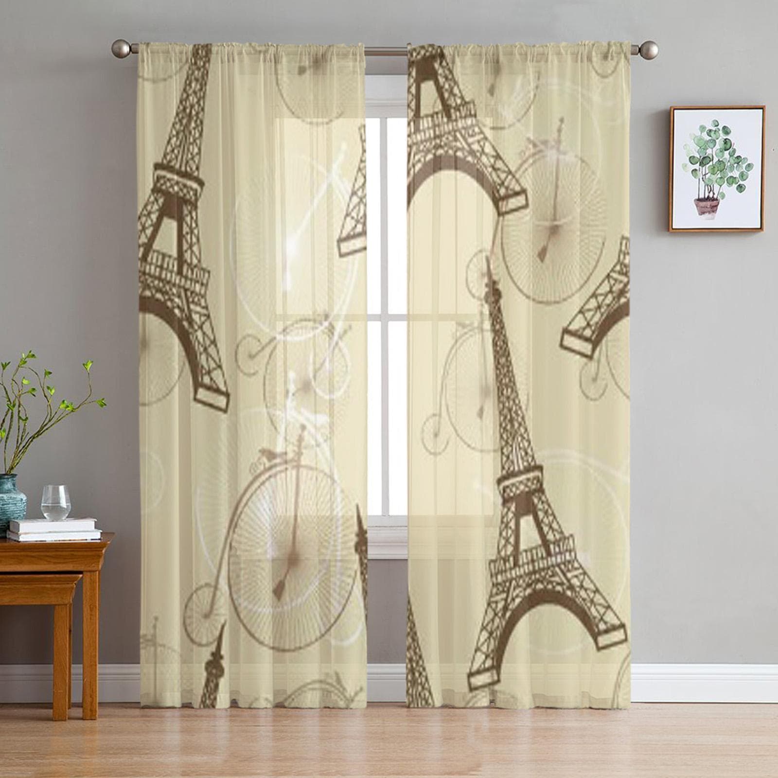 Eiffel Tower Bicycles Tulle Sheer Window Curtains For Living Room The Bedroom Modern Chiffon Voile Organza Curtains Decor Drapes 135W x 114H(cm)