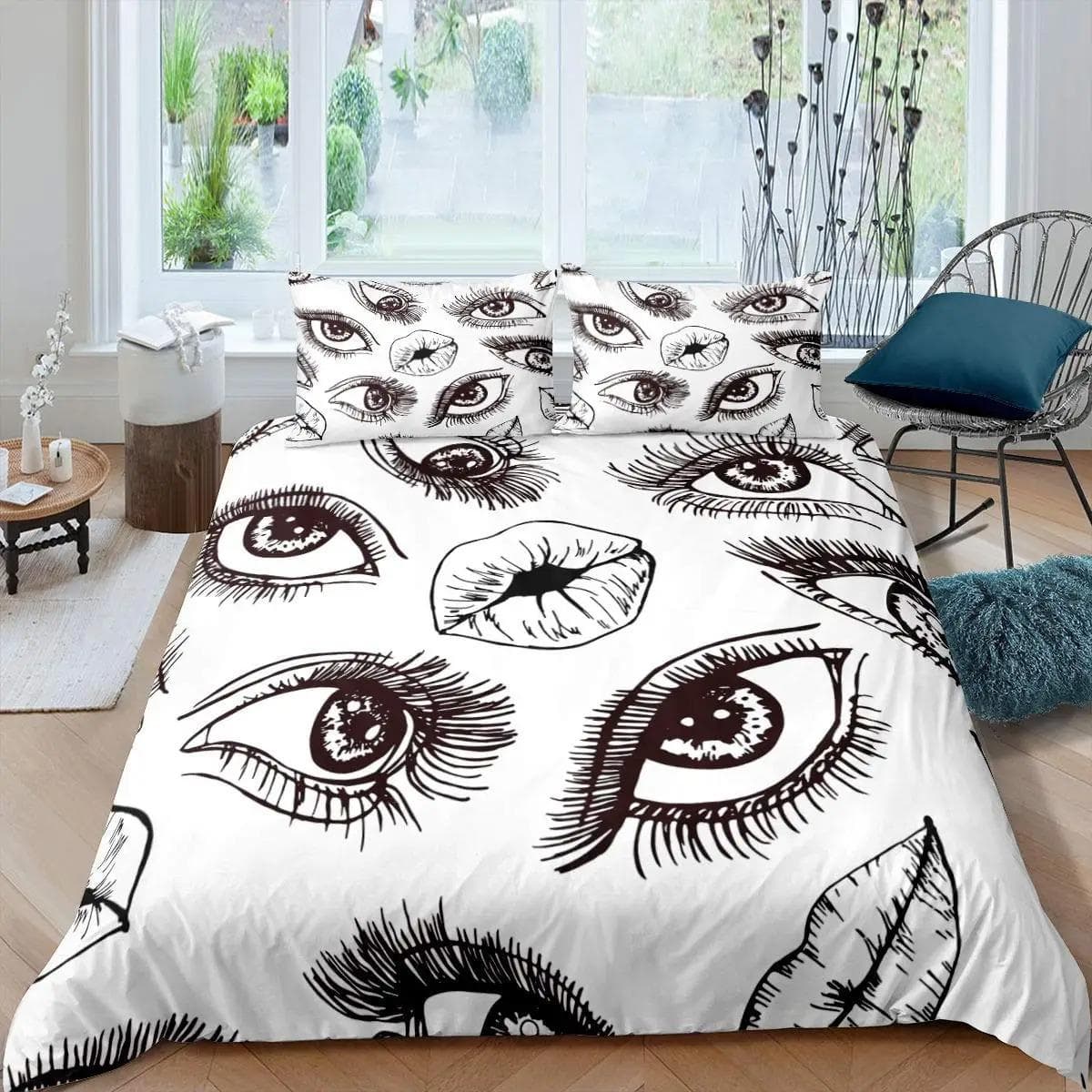 Eyelash Duvet Cover King Queen Cartoon Romantic Woman Closed Eyes Long Lashes Bedding Set English Words Polyester Quilt Cover 70x133cm 2pcs