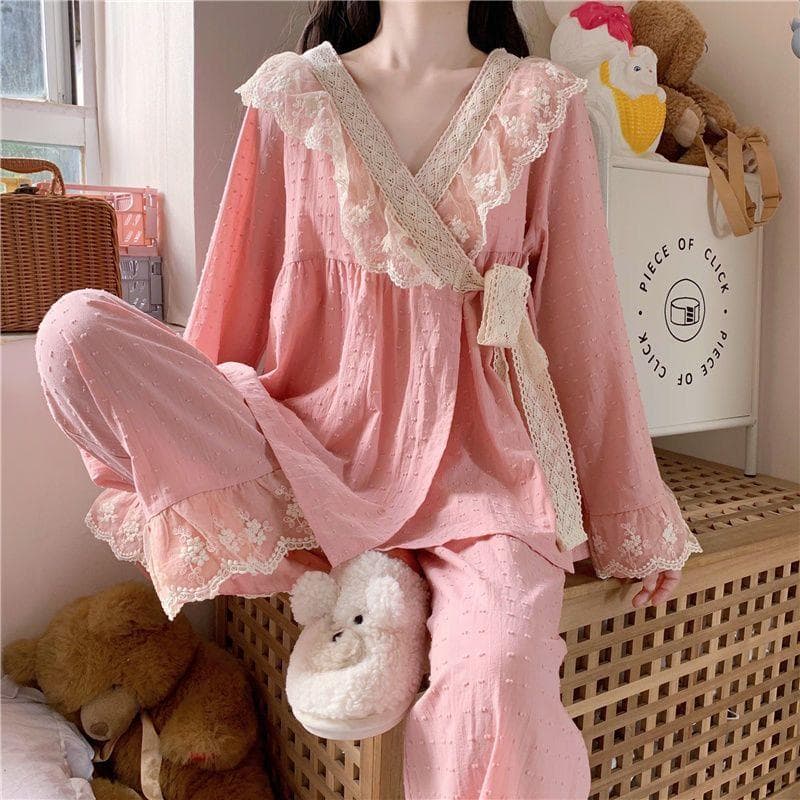 Cotton Pajamas for Women, Lace Kawaii Clothes, Long-sleeved Trousers, Pajamas Set, Home Wear, Pajamas for Women 2XL pink